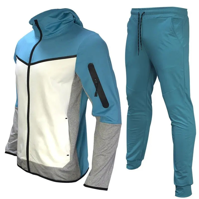 Men's Autumn-Winter Full Set with Hood Sports Jacket ,Sweatshirt Long Sleeves Pants Color-blocked Open Cardigan TightHoodie Suit