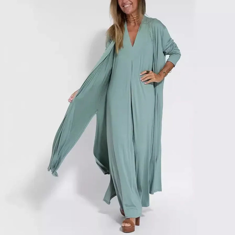 2023 New Solid Color V-Neck Pullover Dress Cardigan Jacket Women's Fashion Cross-Border Amazon Independent Site Clothing