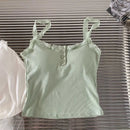 Summer Lace Strap Patchwork Camisole Women Solid Color Sleeveless Buttons Tank Top