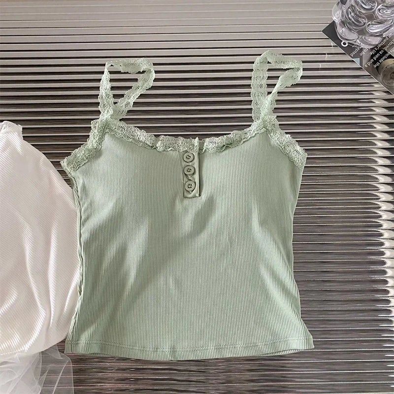 Summer Lace Strap Patchwork Camisole Women Solid Color Sleeveless Buttons Tank Top