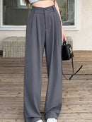 Women Suit Pant Korean Elastic High Waist Straight Pants Casual Loose Solid Simple Wide Leg Trousers Commuting Autumn Winter