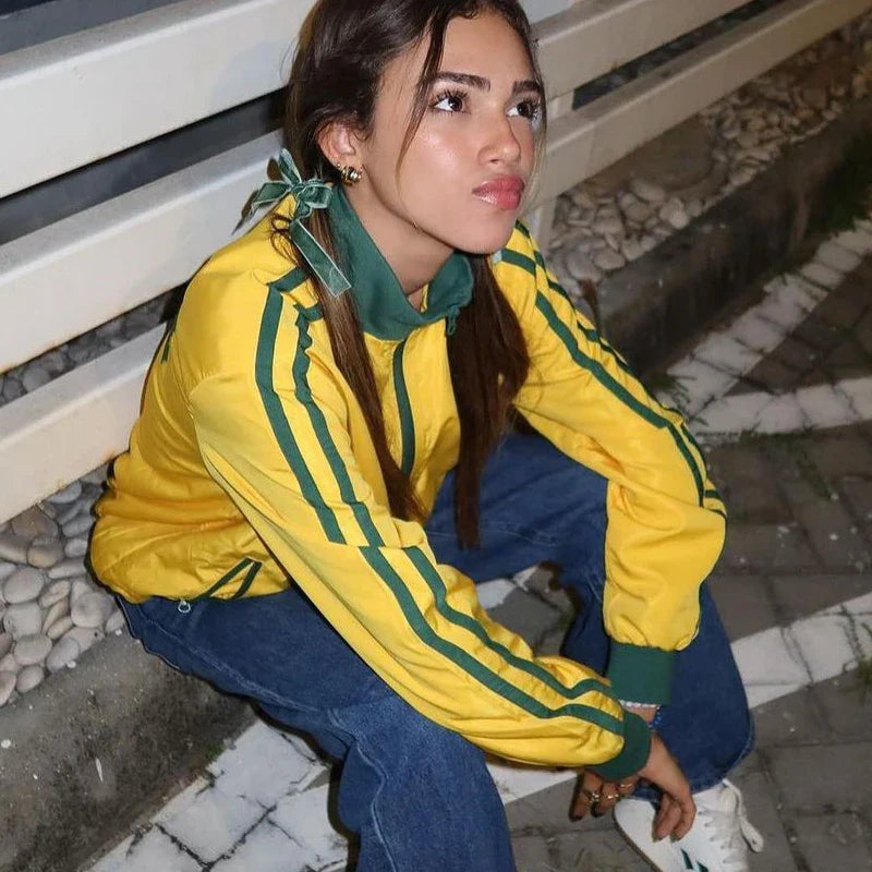 BRASIL Yellow Vintage Jackets Women's Oversized Harajuku Zipper Windbreaker Y2k Streetwear Loose Coats Autumn Trend Sweatshirts