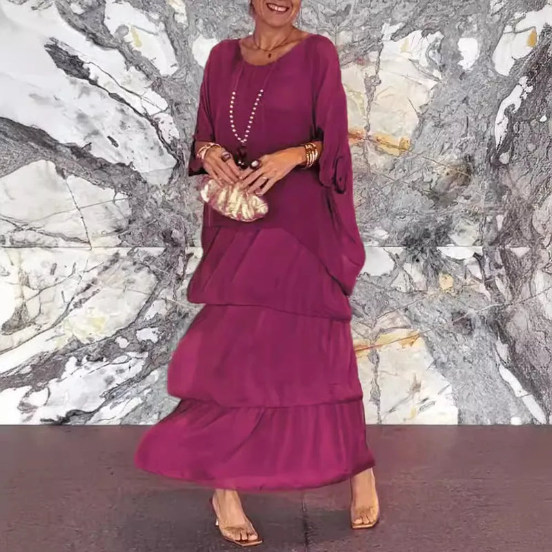 Fashion O-Neck Solid Commuter Long Dress Elegant Casual Layered Ruffle Edge Party Dress Bat Sleeve Chiffon Beach Vacation Dress