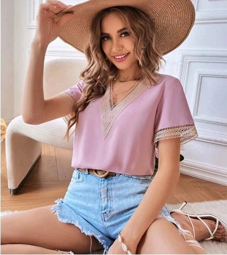Women's Blouses Spring Summer Latest 2025 V-Neck Lace Casual Solid Color Shirt Short Sleeved T-Shirt Loose Fit Top Pullover