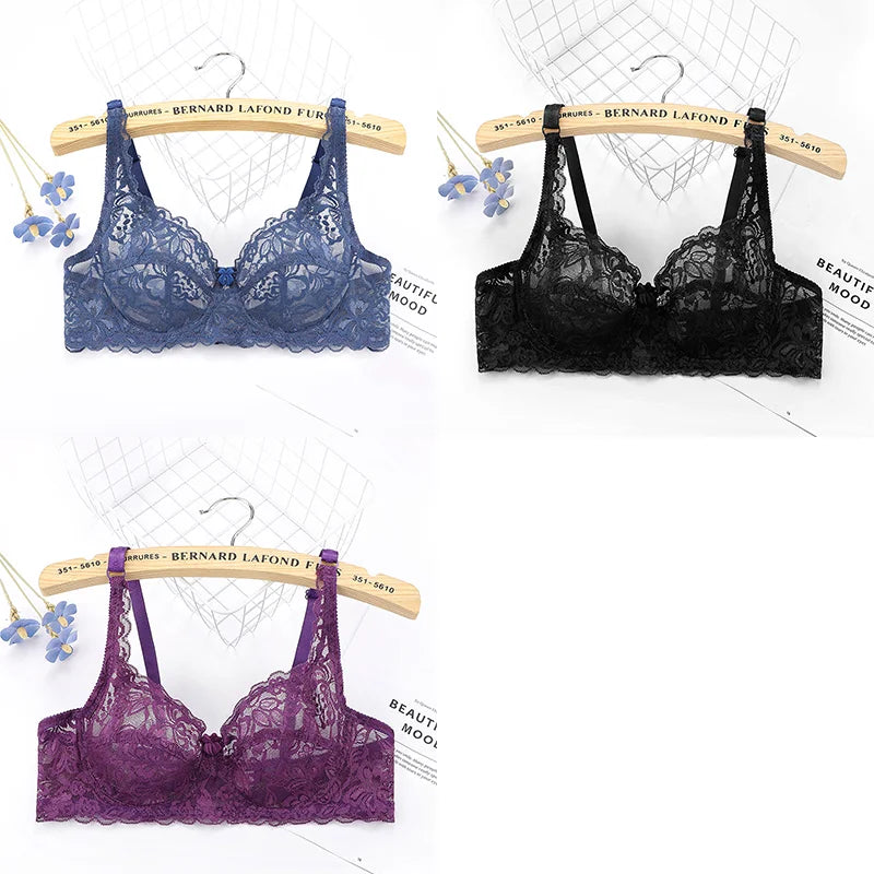 ALLTOOALL 3PC Women Sexy Lace Bras Plus Size Push Up Bralette Female Underwired Underwear Hollow Out Lingerie Embroidery Bra