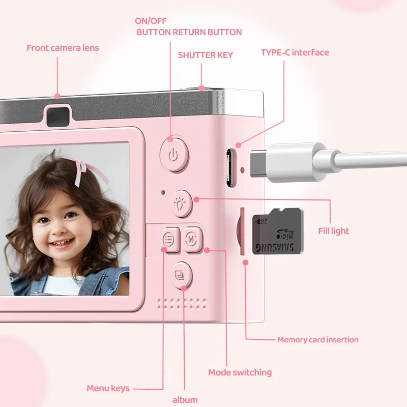 Digital Camera Travel Selfie Camara 2.4inch Screen 8X Zoom Digital Camera Kids Campus Selfie Mini Retro Cam with Fill Light
