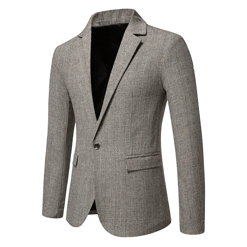 Classic Men's Casual Blazer Jackets SIngle Button Vintage Check Suit Coat Male Khaki