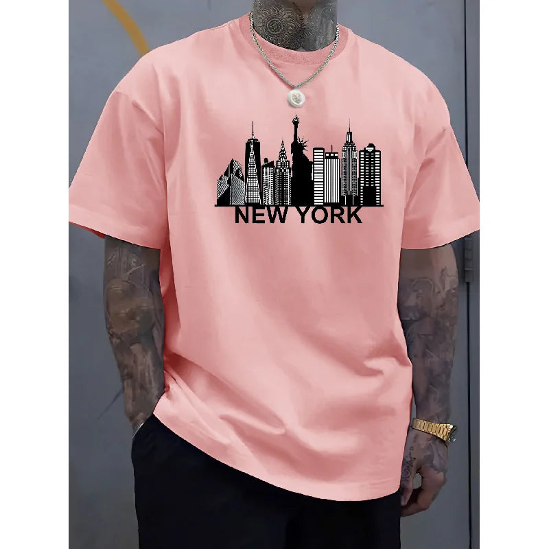 Men's Suit New York PrintingTT-shirt Casual Fashion All-Matching round Neck Half Sleeve