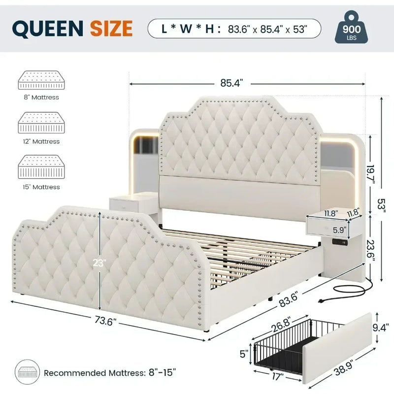 Queen Size 53” Tall Platform Bed Frame with 4 Storage Drawers Built in Charging Station & LED Bedroom White Headboards Under Bed