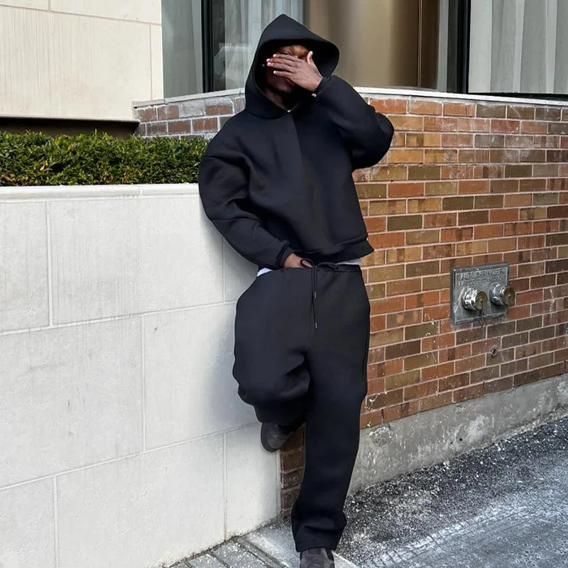 2025 European and American casual simple couple fashion hooded sweatshirt solid color loose sweatshirt sweatpants