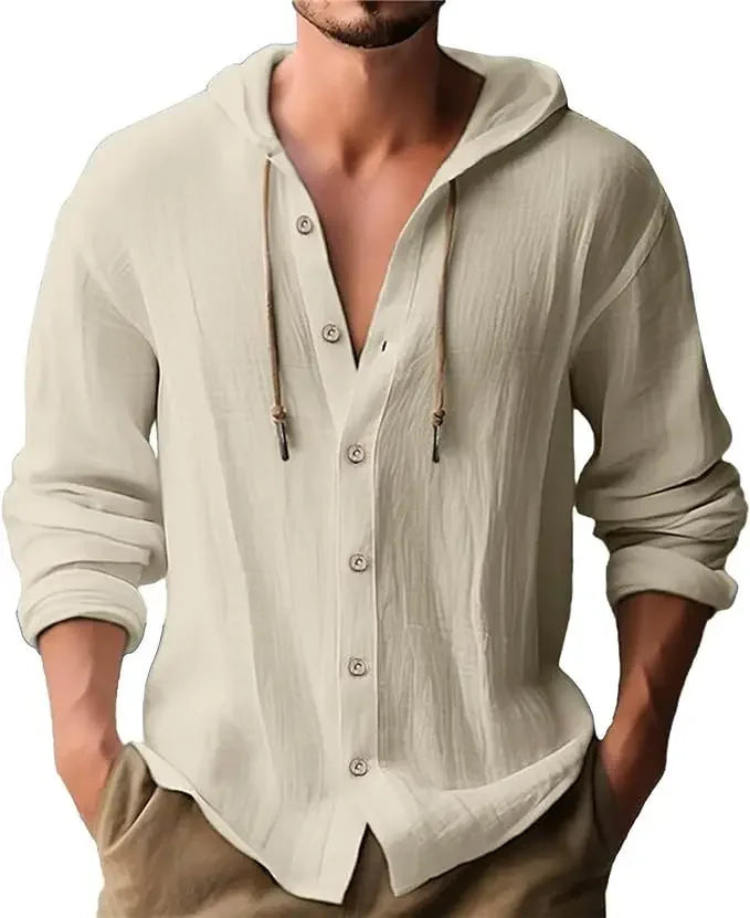 2024 New Spring and Summer Men's Hooded T-shirt Solid Color Cotton Linen Men's Casual Long Sleeved Top