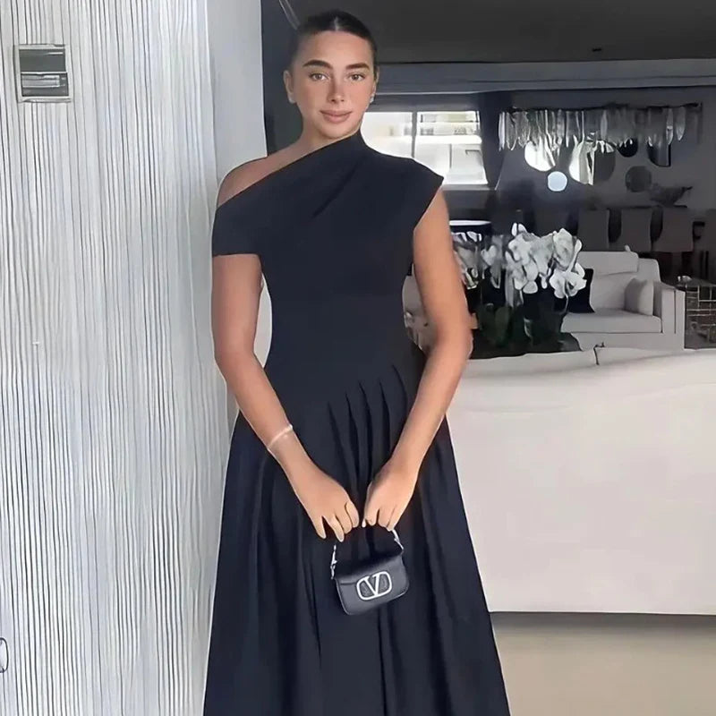 Irregular Elegant Pleated Midi Dress For Women Fashion Street Short Sleeve Patchwork Long Dress Casual Office Lady Neck Vestidos