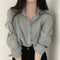 Women Shirt Turn Down Collar Cardigan Shirt Women Solid Color Sun Shirt