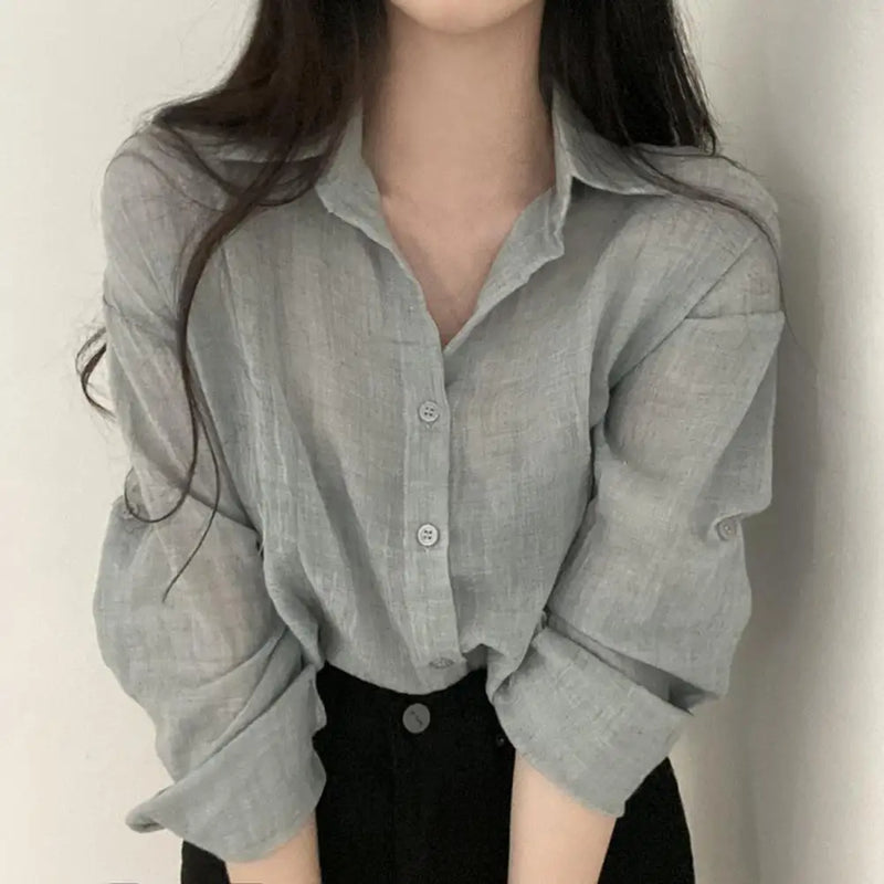 Women Shirt Turn Down Collar Cardigan Shirt Women Solid Color Sun Shirt