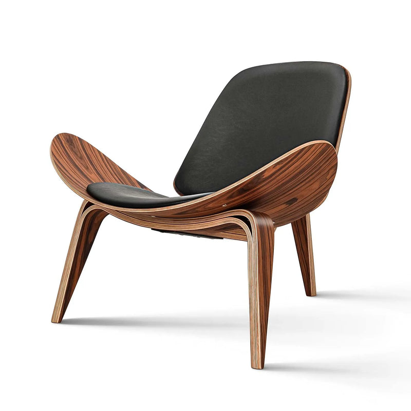 Mid Lounge Replica Solid Wood Three-Legged Shell Chair Ash Plywood Black Faux Leather Living Room Furniture Modern Leisure Chair