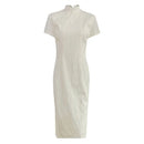 High-end Short Sleeved Cheongsam Dress Elegant Fashion Summer New Exquisite Jacquard White Temperament Celebrity Stand Collar