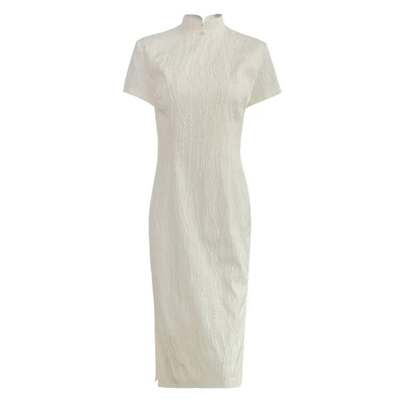 High-end Short Sleeved Cheongsam Dress Elegant Fashion Summer New Exquisite Jacquard White Temperament Celebrity Stand Collar