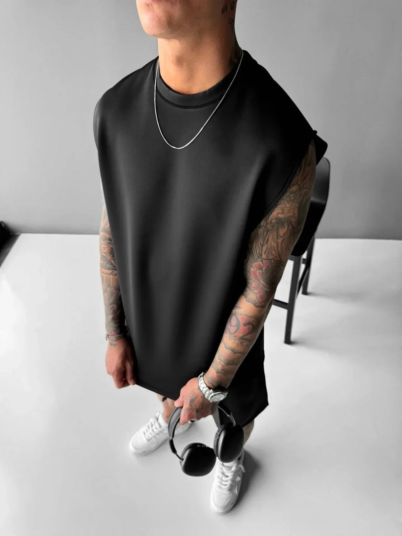 2025 Men's casual sleeveless crewneck suit, summer fashion all-match wide-leg pants trend sports street T-shirt two-piece set