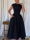 Elegant Solid Women Maxi Dress Fashion Sleeveless Round Neck Retract Waist A Line Pleated Robe 2025 New Lady Party Evening Gown