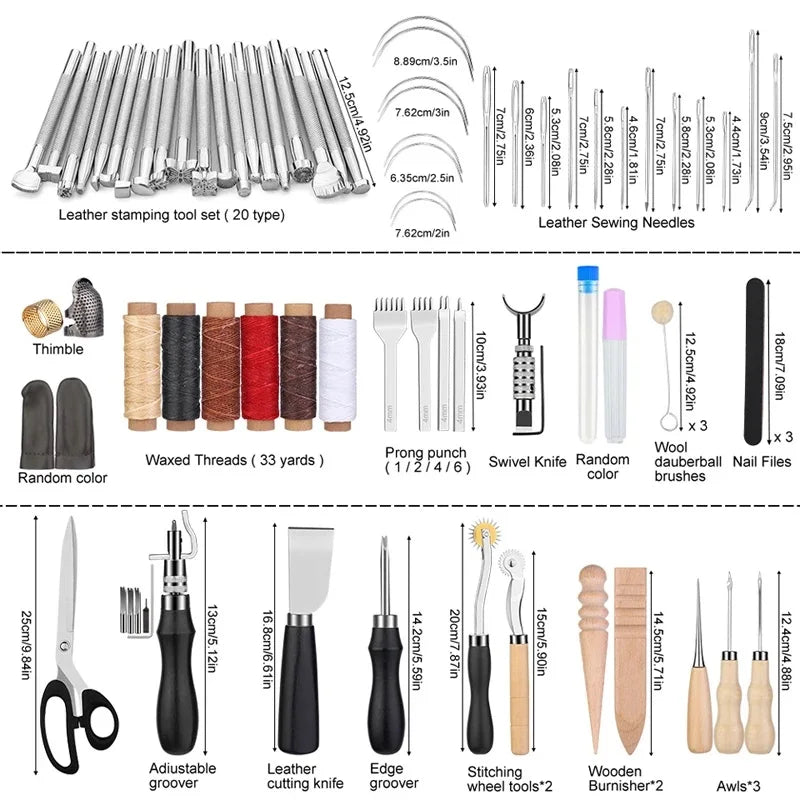 KRABALL 48/72pcs Leather Craft Sewing Working Tools Kit with Upholstery Thread Awl Needles Thimble for Repair Stitching DIY