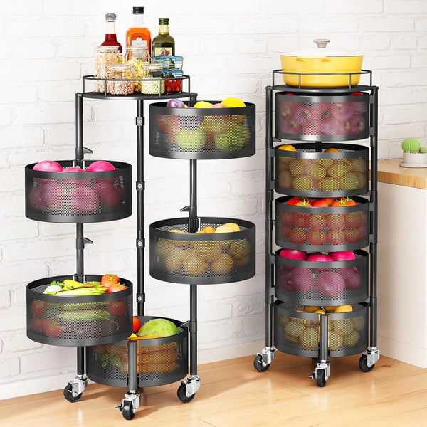 Fruit and Vegetable Basket Bowls for Kitchen with Metal Top Lid, 5 Tier Rotating Storage Rack Cart for Potato Onion Bread