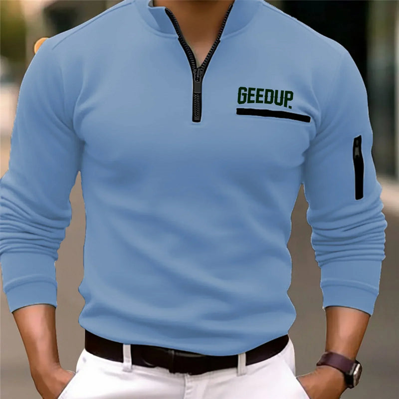 Men's Long-Sleeved Casual Sports Polo Shirt Spring Autumn Comfortable Printed T-Shirt with Arm Zipper Pocket Fashion Top
