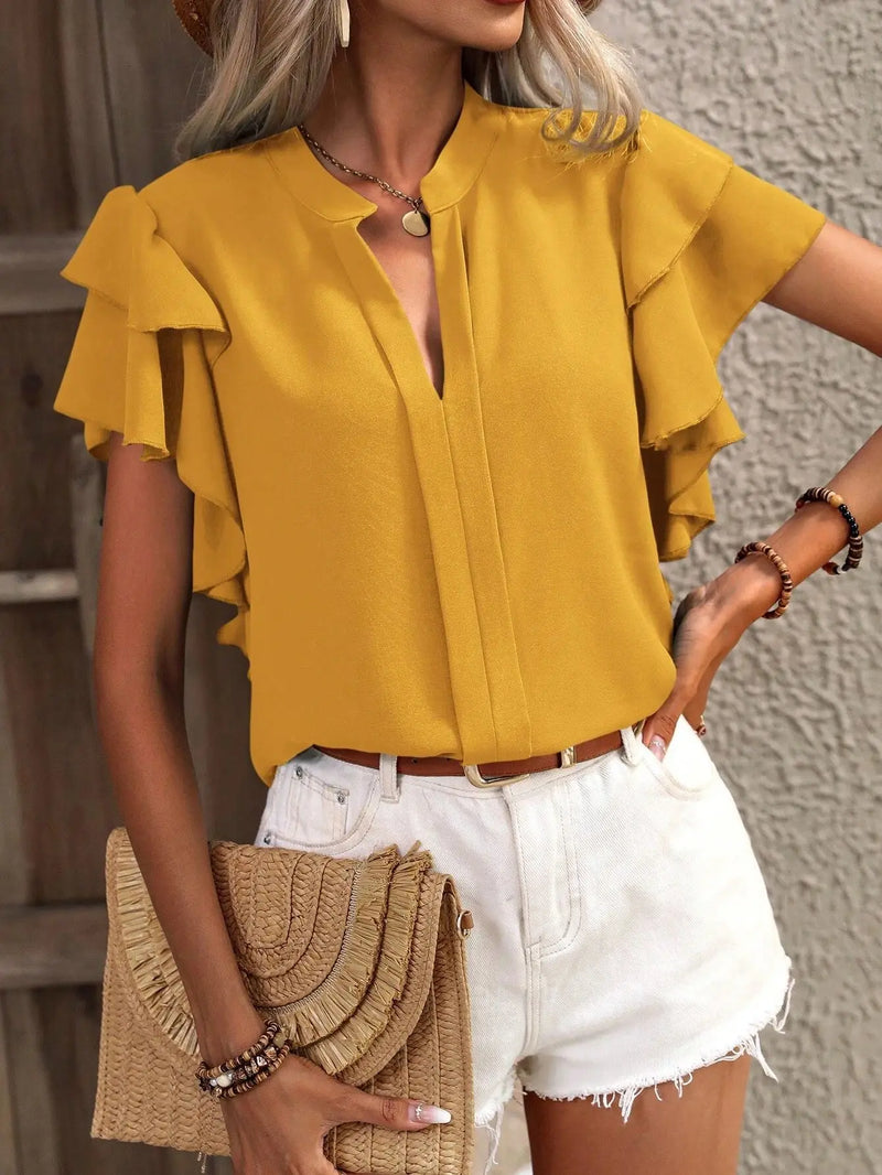 Rose red Elegant Pullover Blouse 2024 Women's Summer New V-neck Casual Double Layered Ruffle Sleeves Solid Color Shirt Top