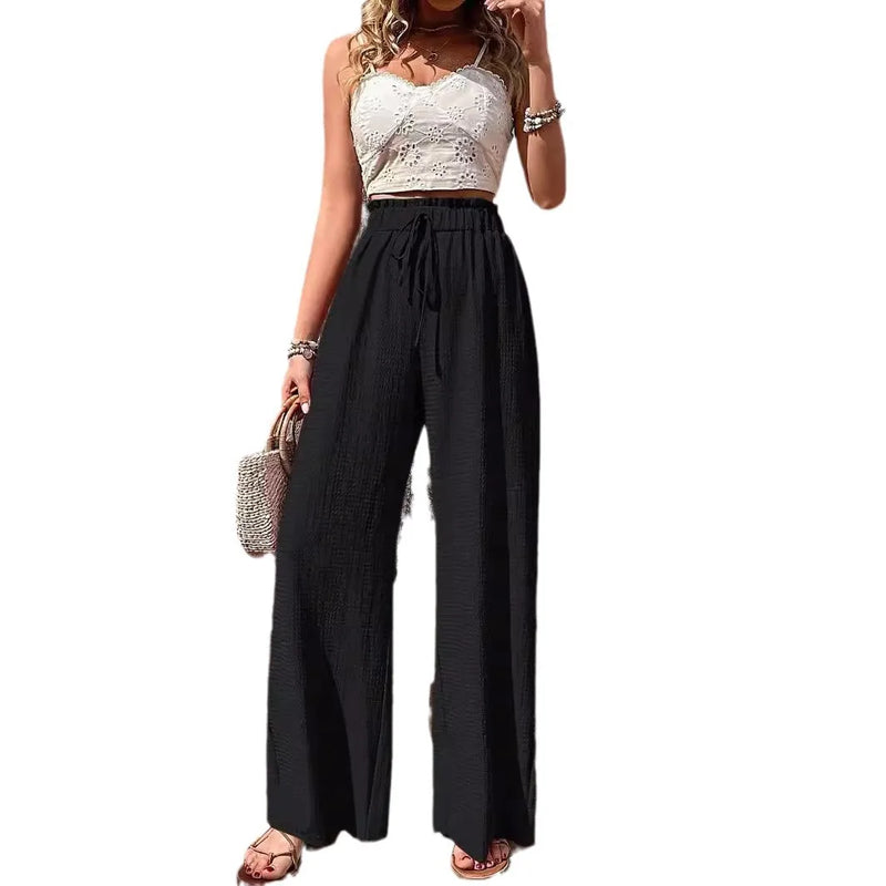 Women High Elastic Waist Wide Leg Pants Summer Casual Female Sand Beachwear Full Loose Trousers YLX-333