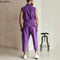 2025 Fashion High Street Men's Two Pieces Purple Sleeveless Lace-up Cardigan Tops and Pants Casual Outfits Trend Men's Clothing