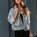 Long Sleeve Women's Denim Jacket Leopard Print Patchwork Outerwear Casual Loose Fit Fashionable And Stylish