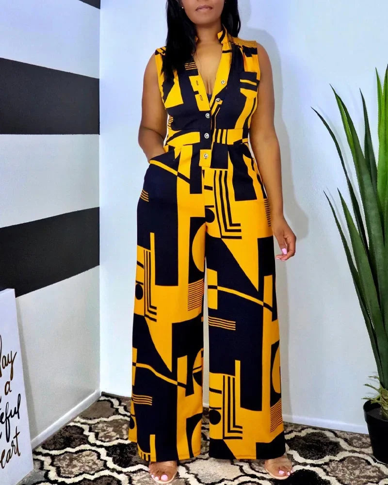 Women Slim Fit High Waist Print Jumpsuits Women V-neck