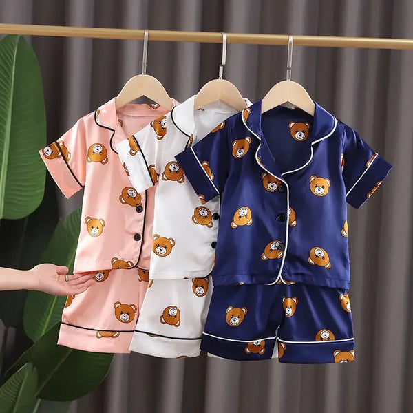 New Boys Girls Kids Pajama Sets Cartoon bear short Sleeve Shirt Tops Pants Set Toddler Baby Sleeping Clothes Pijamas Sleepwear
