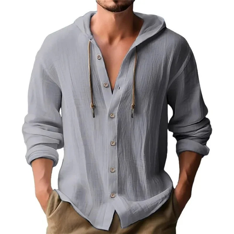 2024 New Spring and Summer Men's Hooded T-shirt Solid Color Cotton Linen Men's Casual Long Sleeved Top