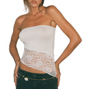 Women Summer Lace Flower Tube Top Y2K Skinny Tank Tops Black Sleeveless Off Shoulder Irregular Asymmetrical Bandeau Crop Top