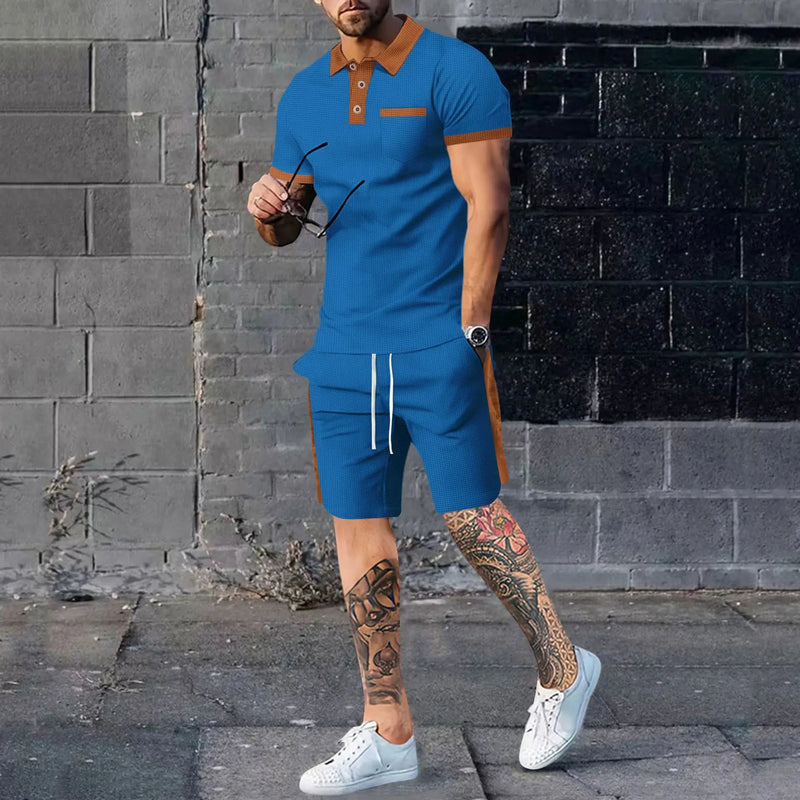 2025 new fashion trend summer men's waffle short-sleeved shorts two-piece full matching business and leisure suit