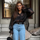 2024 New Design Sensibility Black Mesh Shirt Women's Fashionable Layered Loose-fit Lantern Sleeve Medium-length Shirt