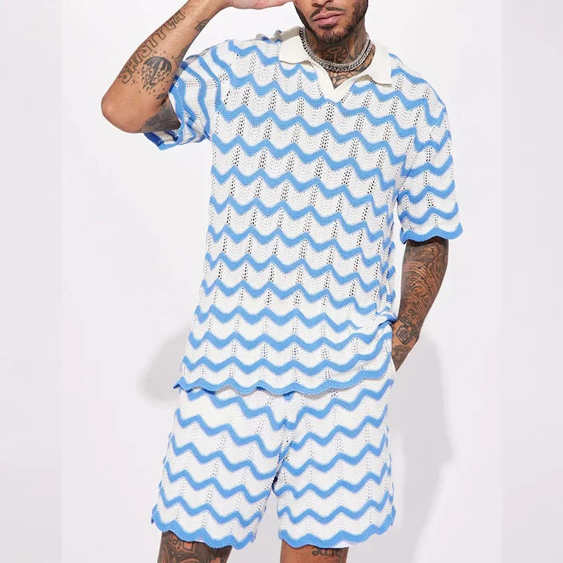 2025 Men's Summer Casual Suit Trend Streetwear Contrast Color Design Knitted Polo Shirt Sport Shorts Men Holiday Two-piece Sets