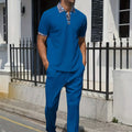 2025 new men's summer trend two-piece waffle collar short sleeve pants Business casual loose short sleeve + pants suit