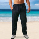 New Men's Cotton Linen Trousers Design Vertical Stripes Breathable Pants Casual Baggy Elastic Waist Straight Leg Sweatpants