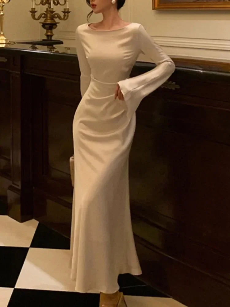 New Autumn Elegant Solid  Dress Women Flare Sleeve Slim Mermaid Spring New French Vintage Wedding Party 2024