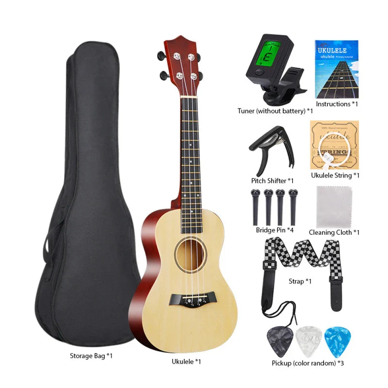 23-inch Ukulele Acoustic Ukulele Kit with Bag Strings Strap Bridge Needle Capo Pick Tuner All Basswood for Students Beginner