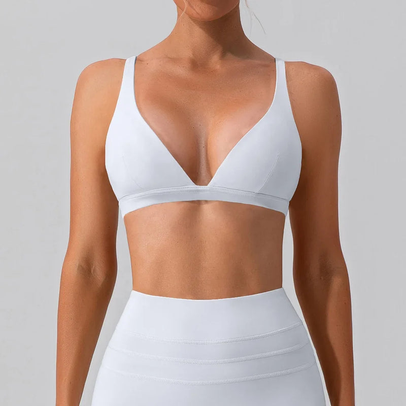 Women Soft Slimming Shockproof Quick Dry Supportive V Neck Running Bra Gym Sports Running Fitness Yoga Bra