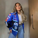 Zekye Spring Women Jacket Long Sleeve Racing Baseball Jacket Varsity Blue Printed Casual Loose Coat Motorcycle Jacket 2024