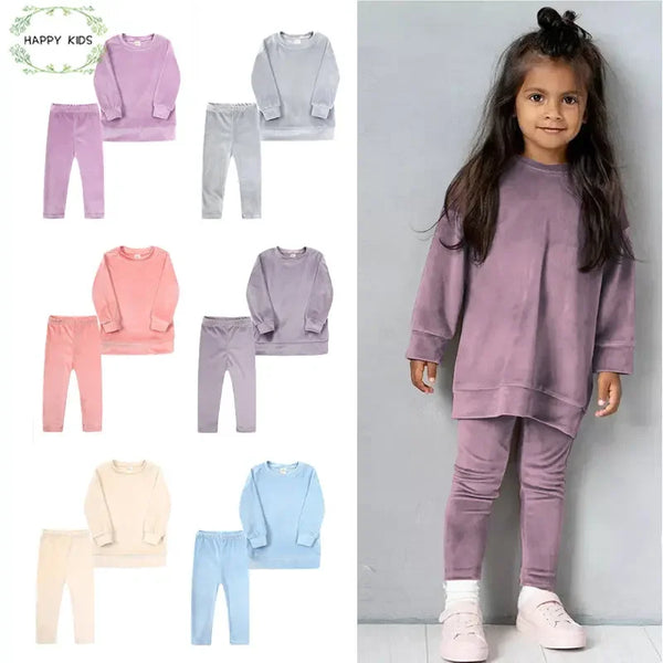 1-7Y Kids Baby Girls Fashion Velvet Outfits Toddler Pullover Top + Leggings Pants Clothes Winter 2Pcs Children Tracksuit Sets