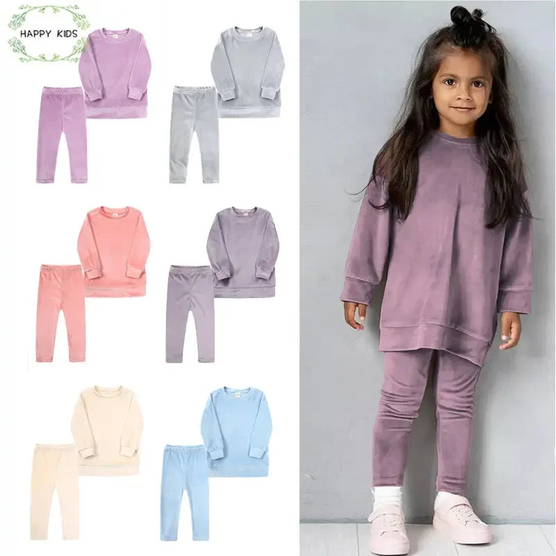 1-7Y Kids Baby Girls Fashion Velvet Outfits Toddler Pullover Top + Leggings Pants Clothes Winter 2Pcs Children Tracksuit Sets