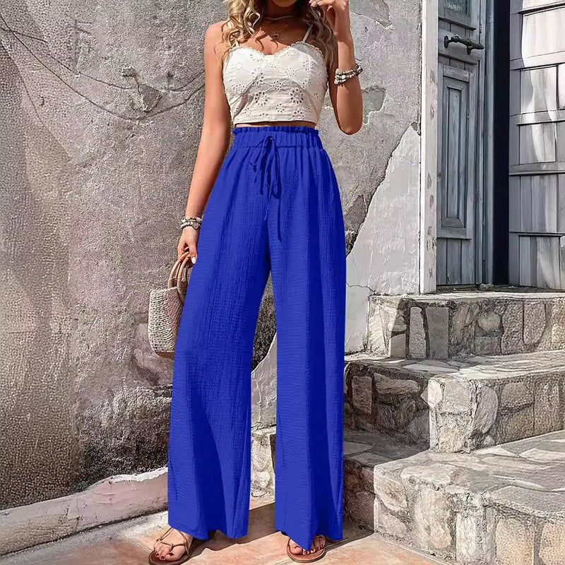 Women High Elastic Waist Wide Leg Pants Summer Casual Female Sand Beachwear Full Loose Trousers YLX-333