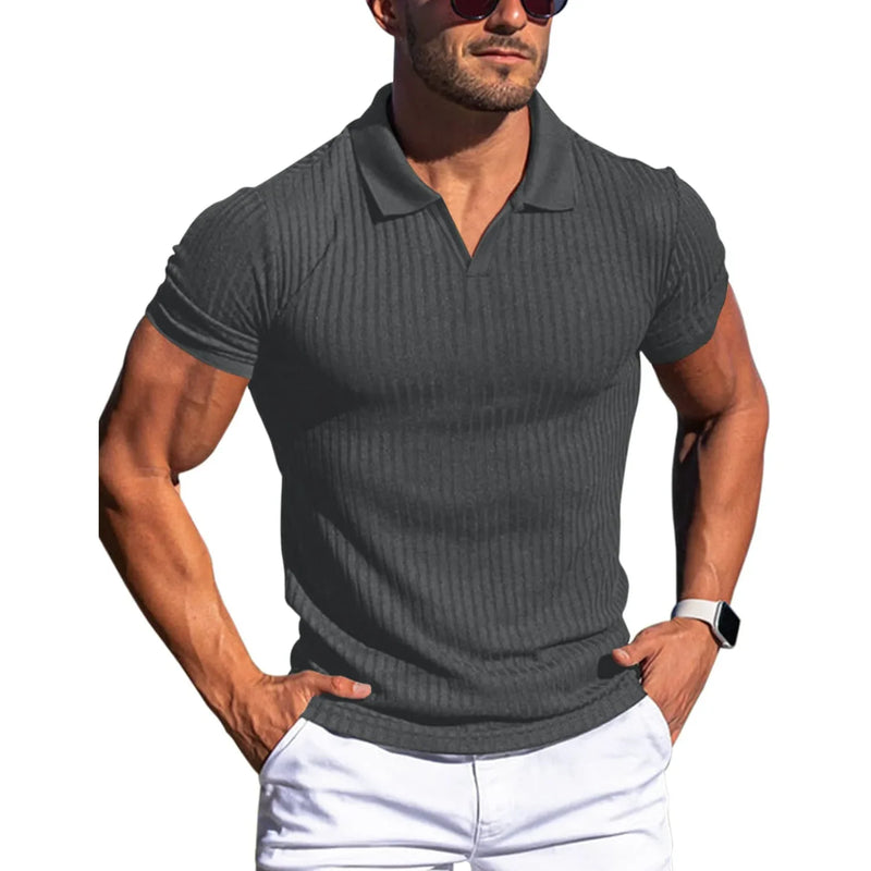 Men Turn Down Collar Short Sleeve Slim T-shirts Summer Male Solid Knitted Tee Tops LXDZ-KJ-P6-V