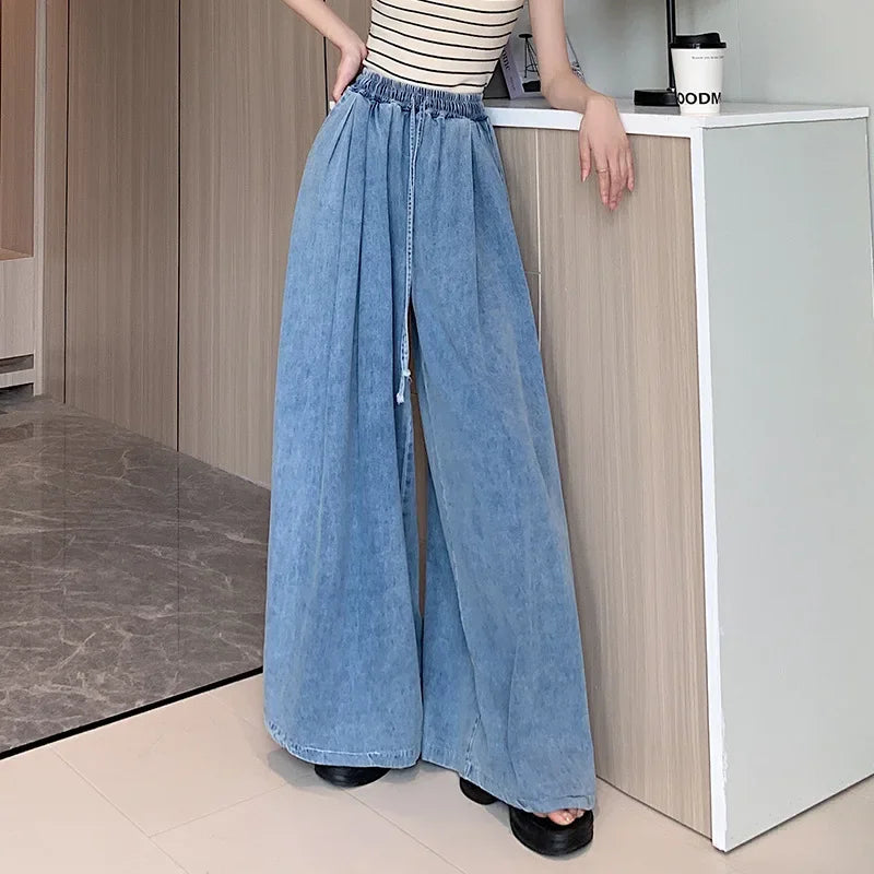 2024 Autumn New Loose-Fit Plus Size Women's Jeans Slimming Wide-Leg Ground-Length Simple Style Casual Ladies Pants