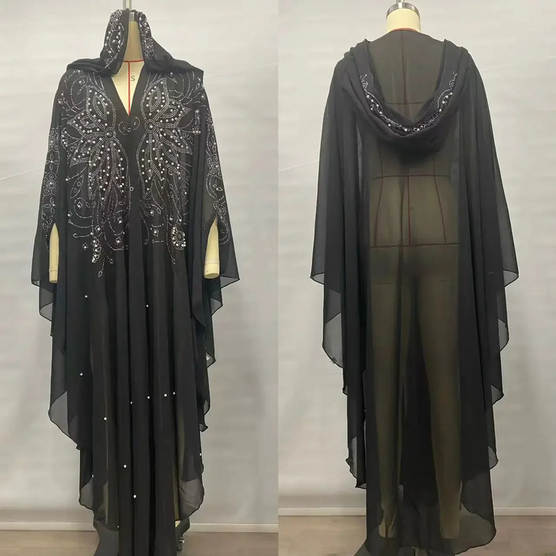 Middle East Africa Hot Sale Muslim Long Robe Shoulder Cover Hooded Cloak Batwing Sleeve Glittering Rhinestone Women's Dress