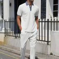 2025 new men's summer trend two-piece waffle collar short sleeve pants Business casual loose short sleeve + pants suit